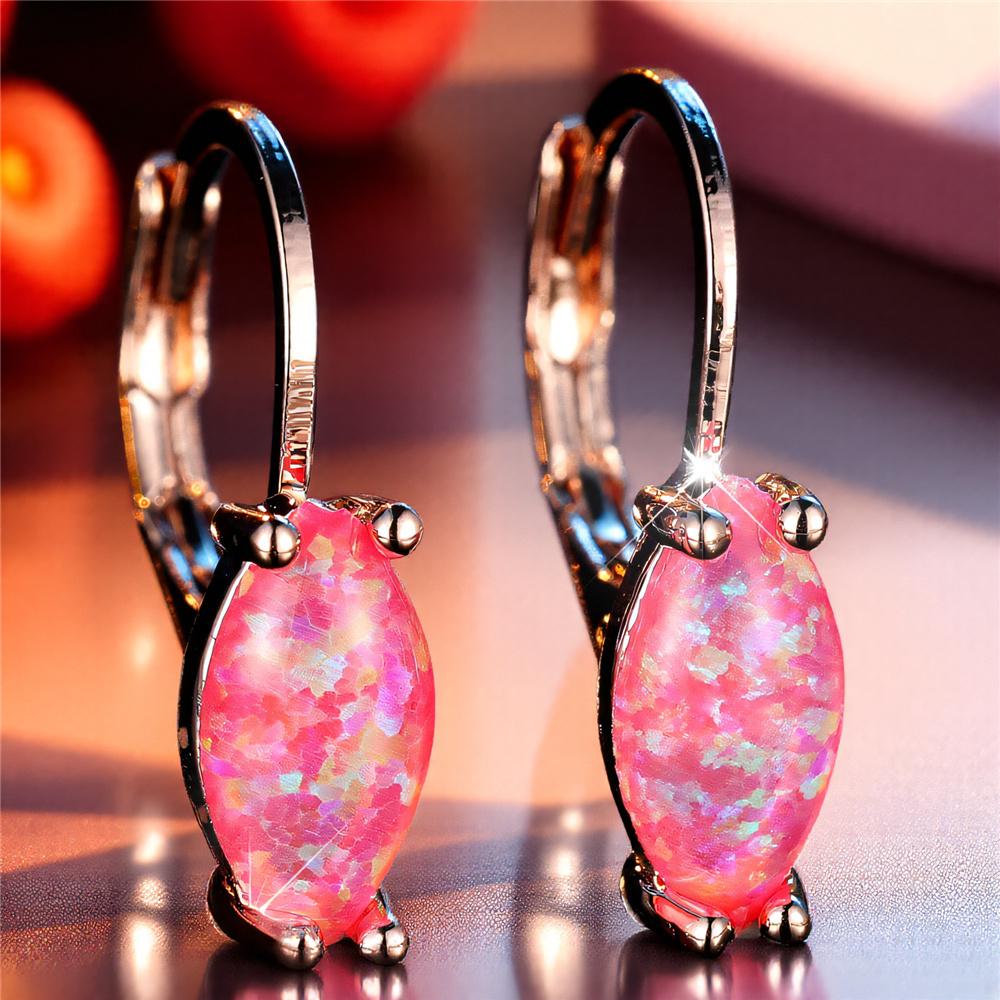 

Luxury Blue Pink White Opal Oval Stone Hoop Earrings For Women Vintage Female Fashion Silver Gold Color Wedding Jewelry