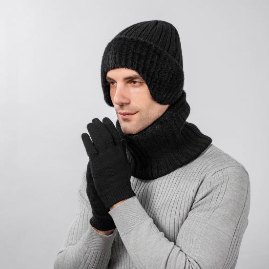 3-teiliges/Set Unisex Hut Schal Handschuhe Set Ohrenklappen Design Einfarbig Beanie Mütze Thermisch Plüsch