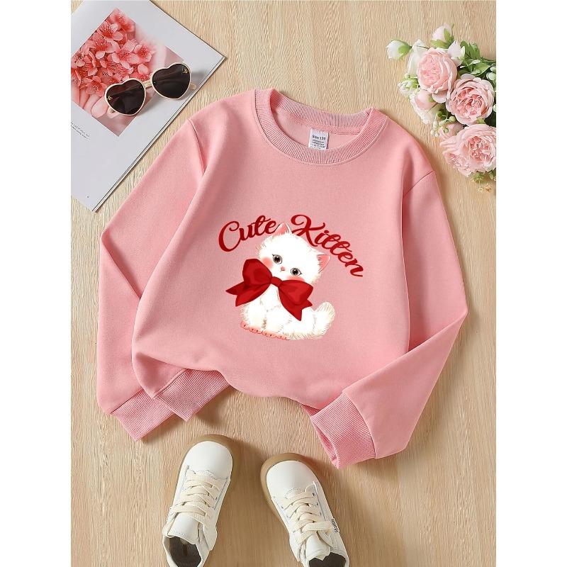 European sizes Hoodie for Kids with a Round Neck - Adorable Kitten Featuring a Red Bow, Ideal for Sports And Casual Outings, Soft And Comfy