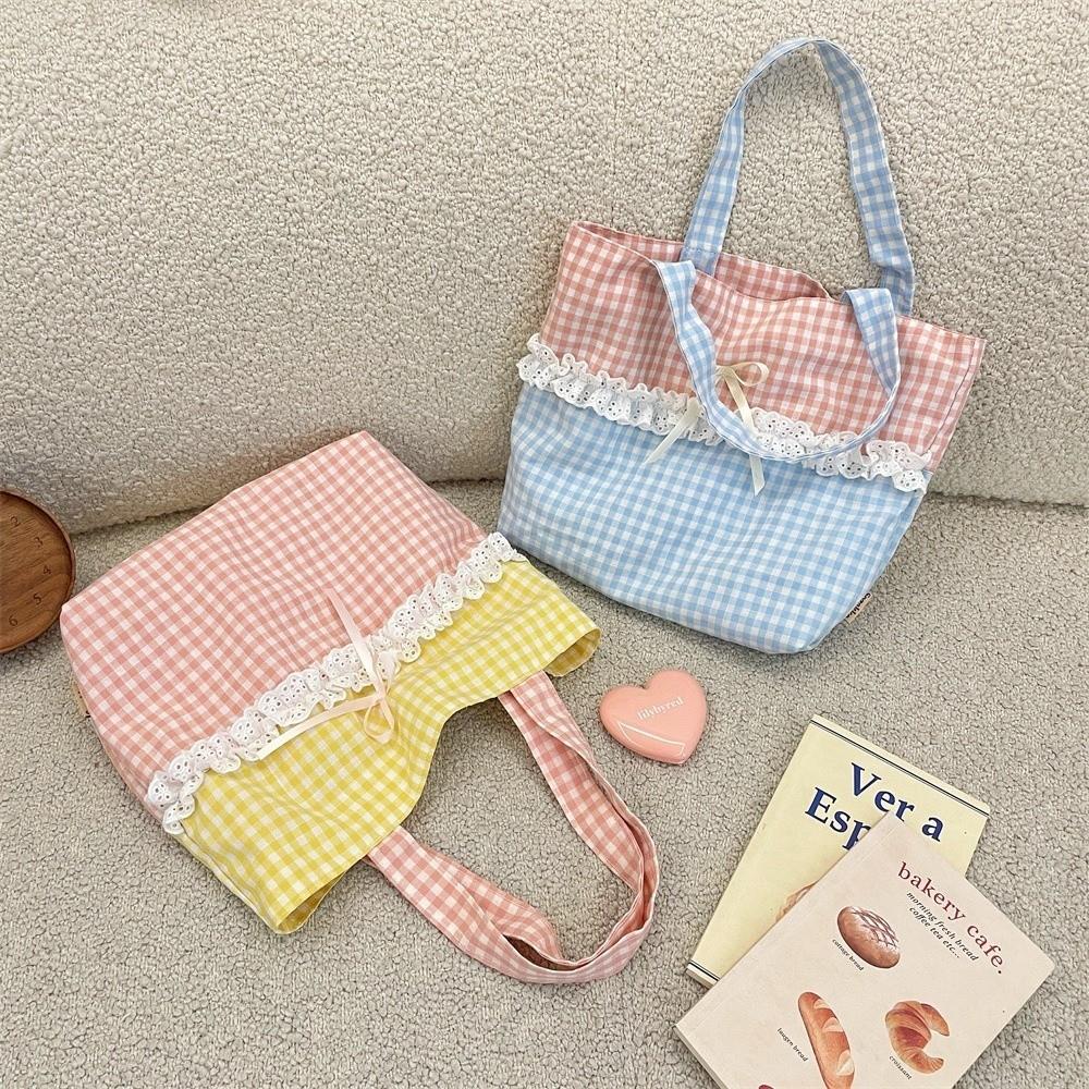 New Canvas Material Splice Lace Handbag Large Capacity Lightweight Tote Bag Splice Lace Design Canvas Lunch Bag Commute