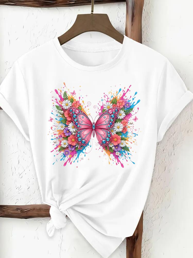 (Asian Size) trend lovely flower style Print Female Clothing T Shirt Woman Women Fashion Tee Top Short Sleeve Graphic T-shirts