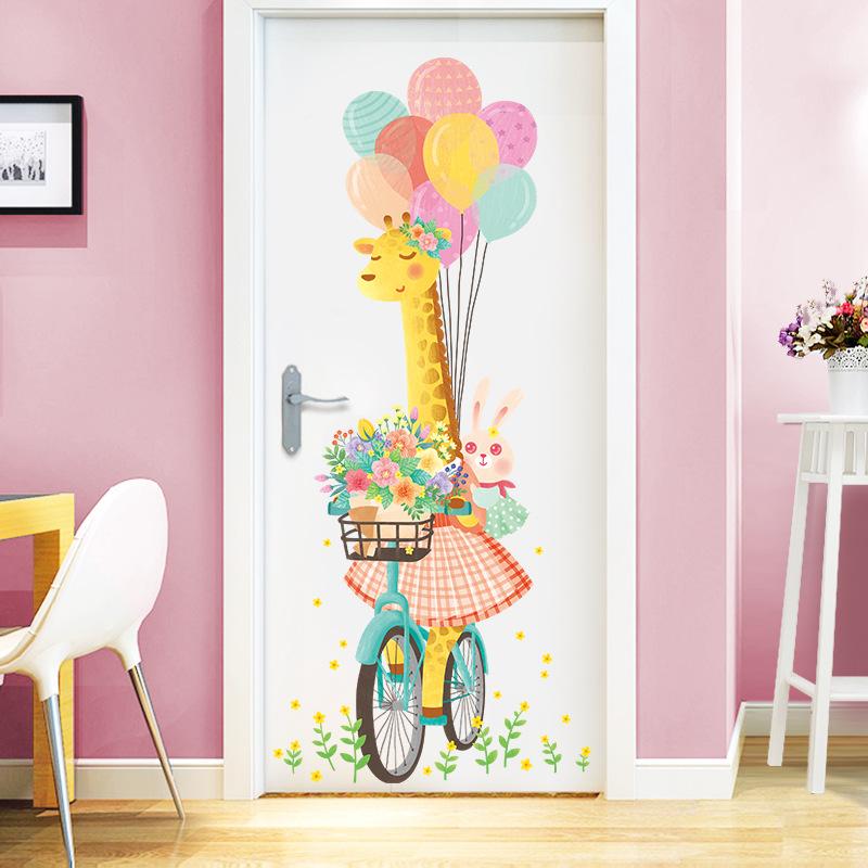 Cyclist Giraffe Wallpaper Self-Adhesive Bedroom Children'S Room Wall Decoration Wall Sticker Sticker Girl Room Layout Door Sticker Wall Sticker
