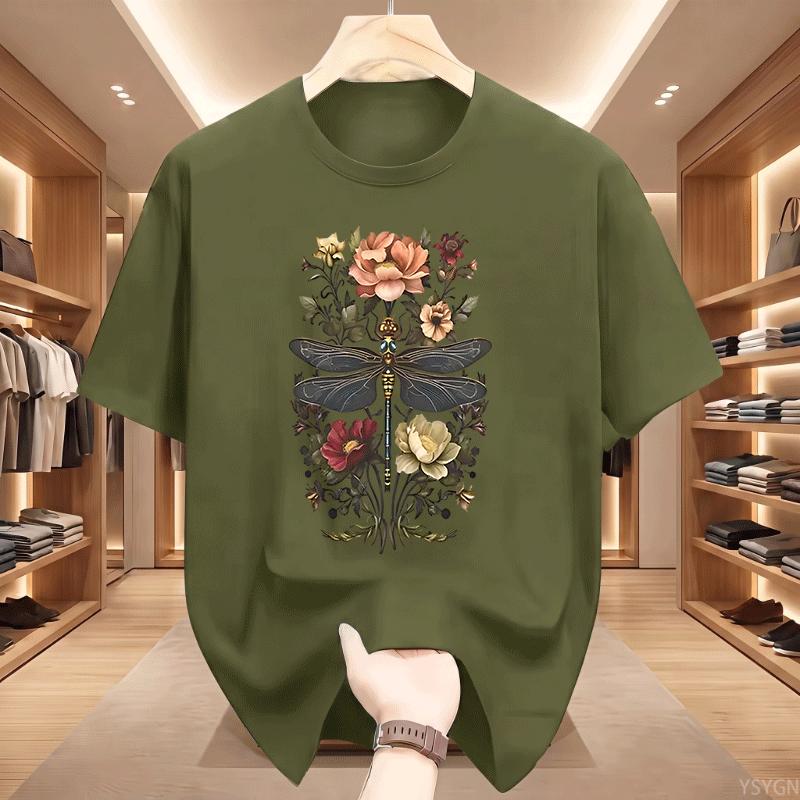 Vintage Summer Dragonfly TShirt Unisex Boho Floral Cottagecore Botanical Print T Shirts Casual Round Neck Cotton Short Sleeve Tops