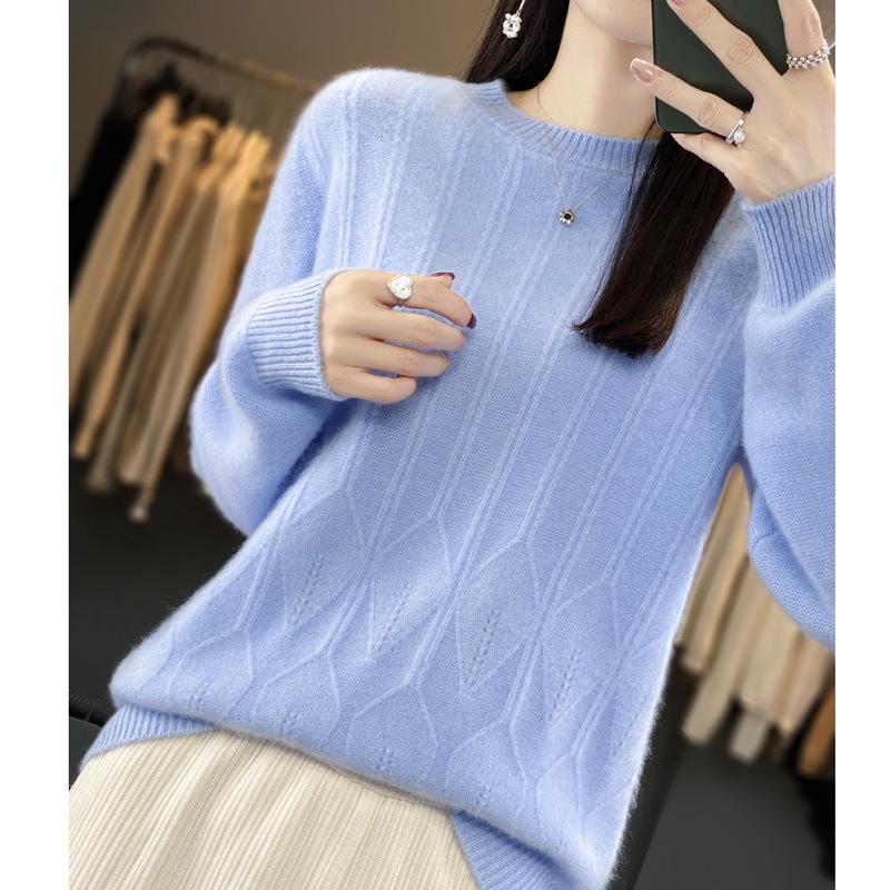 Women's Thickened Wool Jacquard Sweater - Round Neck, Long Sleeve, Cashmere Knit Base Layer for Autumn/Winter