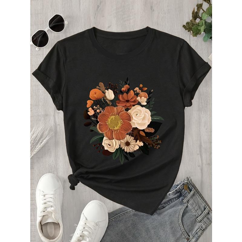 European Sizes Graphic Print T-shirt, Long Sleeve Crew Neck Casual Top for Summer & Spring, Women's Clothing