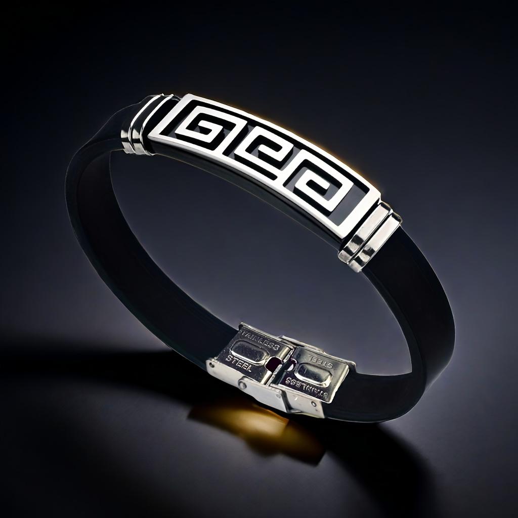 

Стильный мужской браслет из черной искусственной кожи с изысканным узором Великой Китайской стены, подходит для ношения на запястье или манжете, идеальный подарок в виде искусственной бижутерии. серебряный