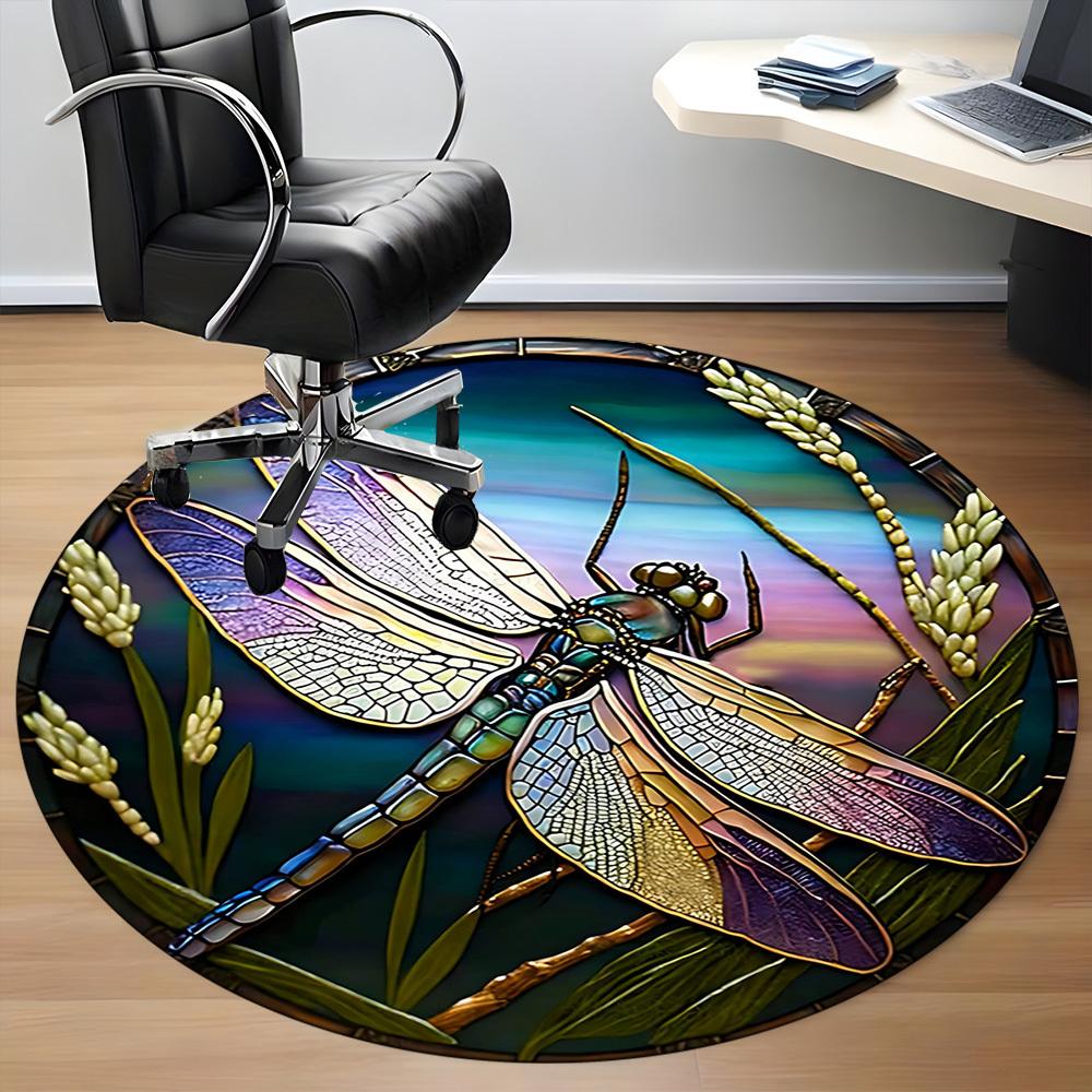 1PC Dragonfly StainedGlass Office Round Area Rug, Mat Suitable ForOffice, Under Office Chairs Bedroom Living Room Home Decor, Room Deco