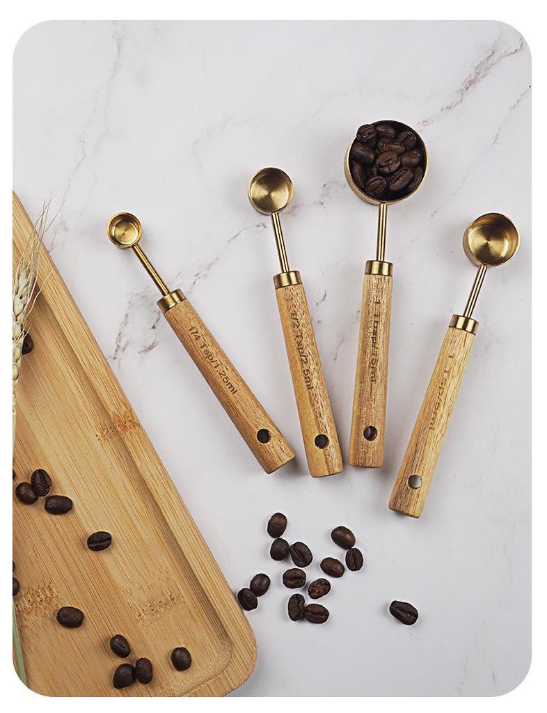 Acacia Wood Handle Stainless Steel Measuring Cups & Spoons Set - 8-Piece for Baking & Bartending