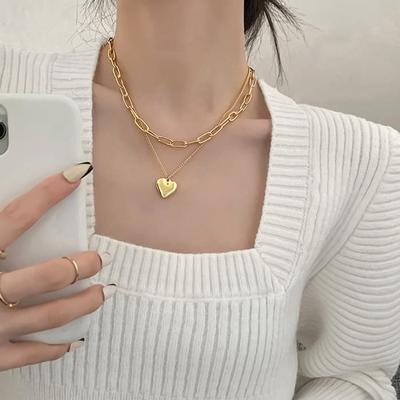 Surgical Steel Necklace with Layered Two-row Chain and Heart
