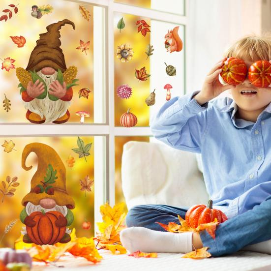 Autumn Theme Window Murals 9Pcs Fall Gnome Static Clings, Thanksgiving Maple Leaf Turkey Pumpkin Removable PVC Glass Clings Stickers, Reusable