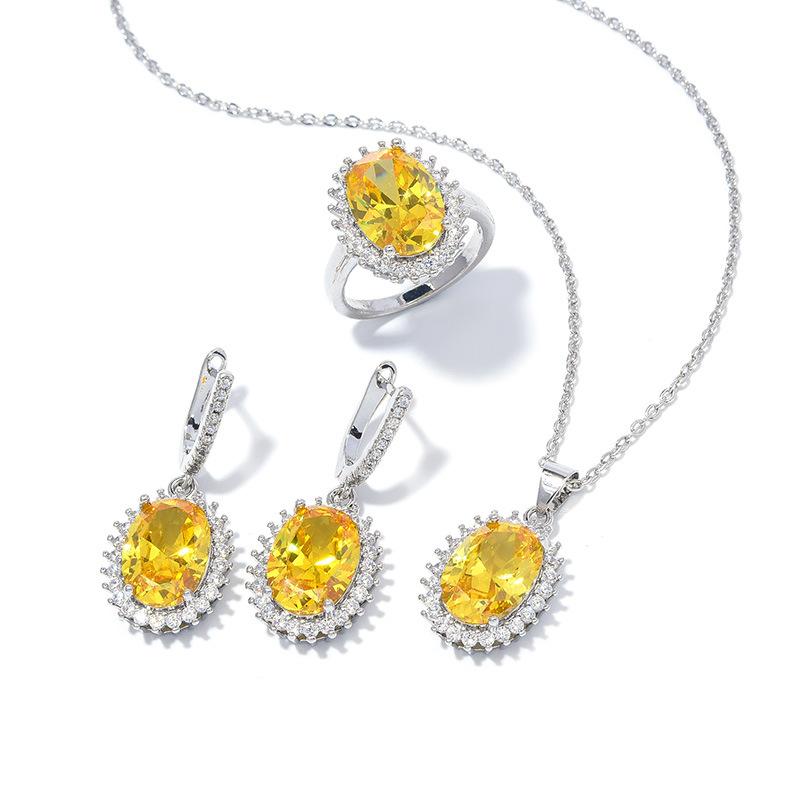 Explosive Oval Zircon Set Super Flash Ring Earrings Necklace Jewelry Set