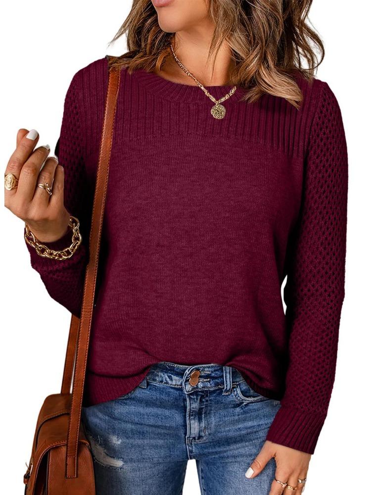 Autumn Winter Women's Round Neck Long Sleeve Solid Colour Knitwear Ribbed Openwork Base Layer Sweater Luxurious Relaxed-fit Slimming and Versatile Top