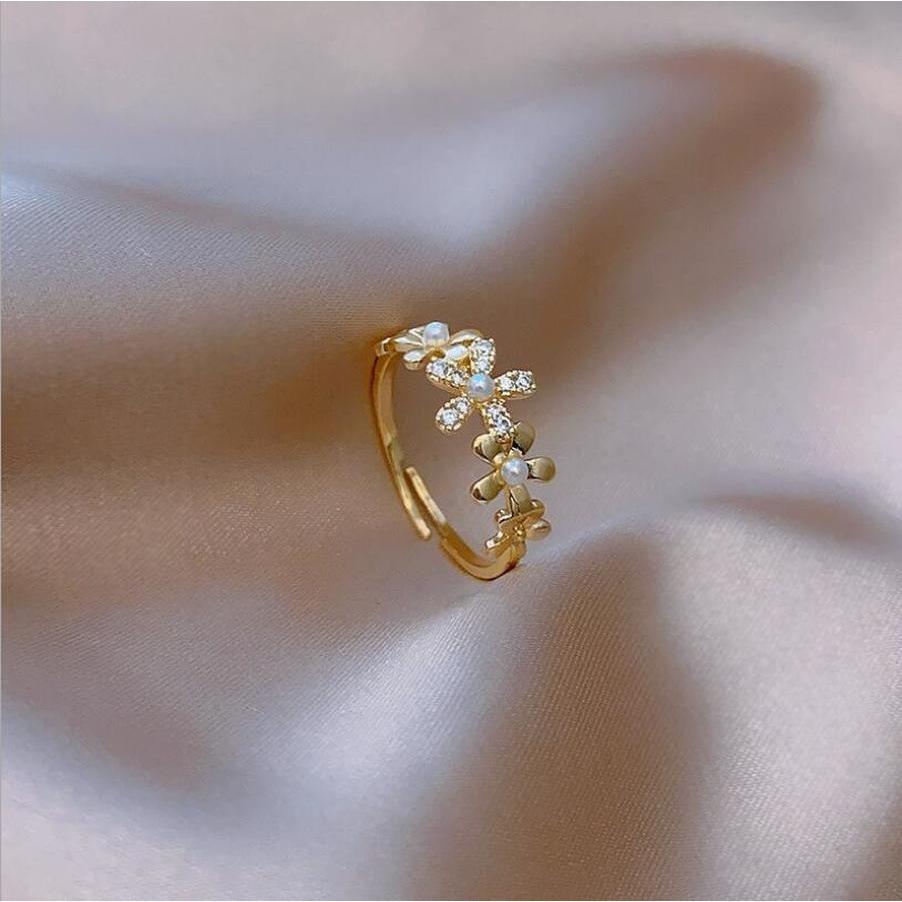 Ins Simple Flower Pearl Zircon Light Luxury Versatile Women's Fashion Jewelry Open Ring