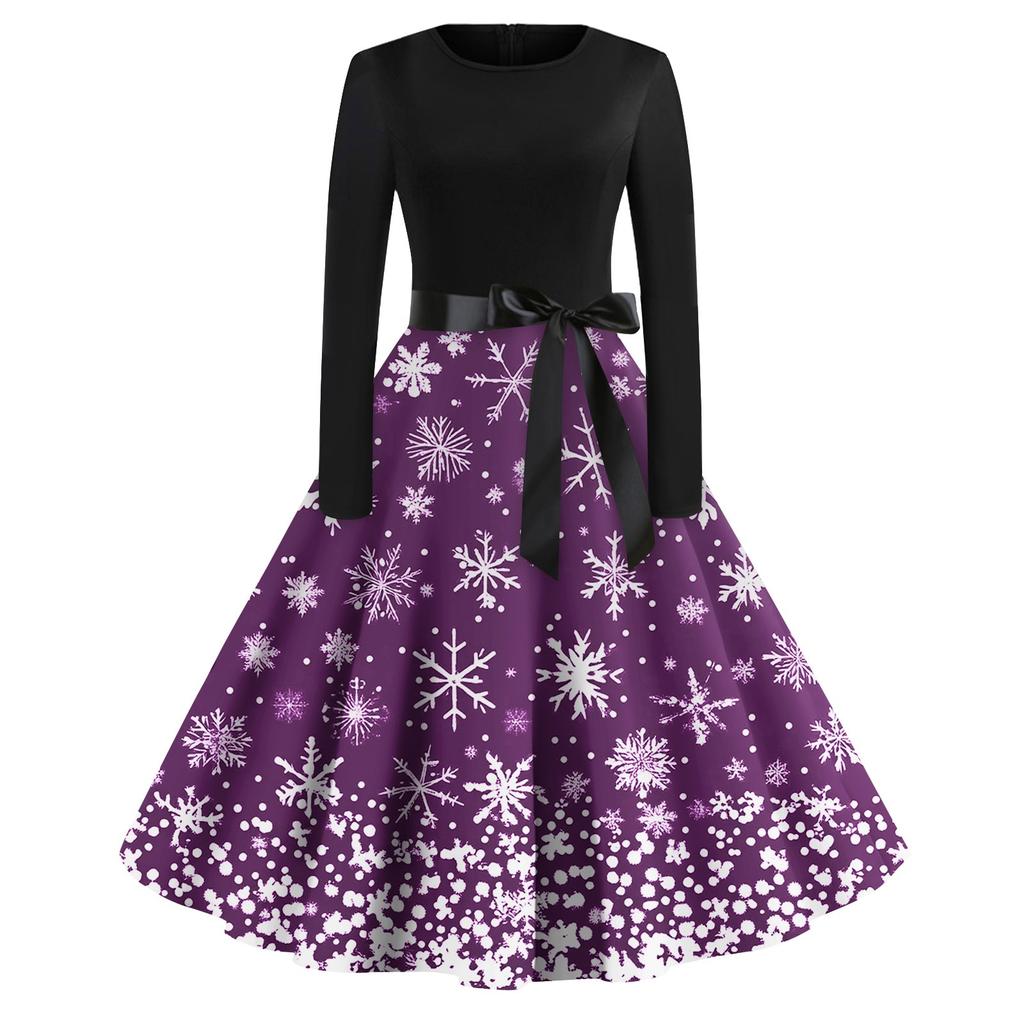 Lässiges und modisches langärmliges Kleid mit R-Ausschnitt und Schneeflocken-Print für Damen