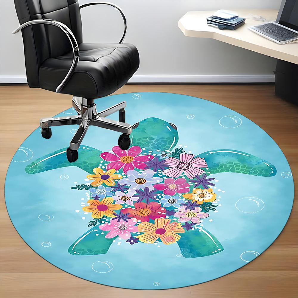 1pcSea Turtle Flowers Office Round Area Rug, Indoor Mat Suitable ForOffice, Under Office Chairs Bedroom Living Room Home Decor, Room Deco 094