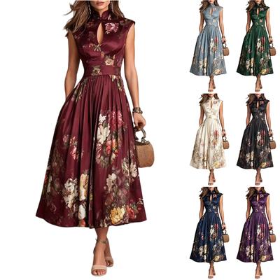Women’s Sleeveless Floral Print Midi Dress with Fitted Waist and Flared Skirt Keyhole Neckline Elegant Design