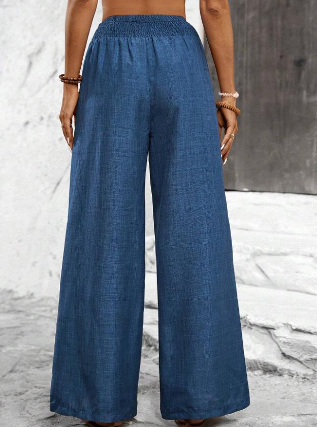Women High Waist Elastic Drawstring Wide Leg Pants Solid Denim Look Straight Trousers Summer Casual Loose Long Pants Factory Supply