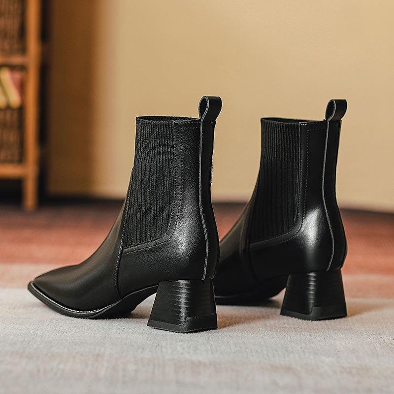 French thick heel small short boots women's 2025 autumn and winter new knitted elastic boots thin boots square head medium heel fashion boots