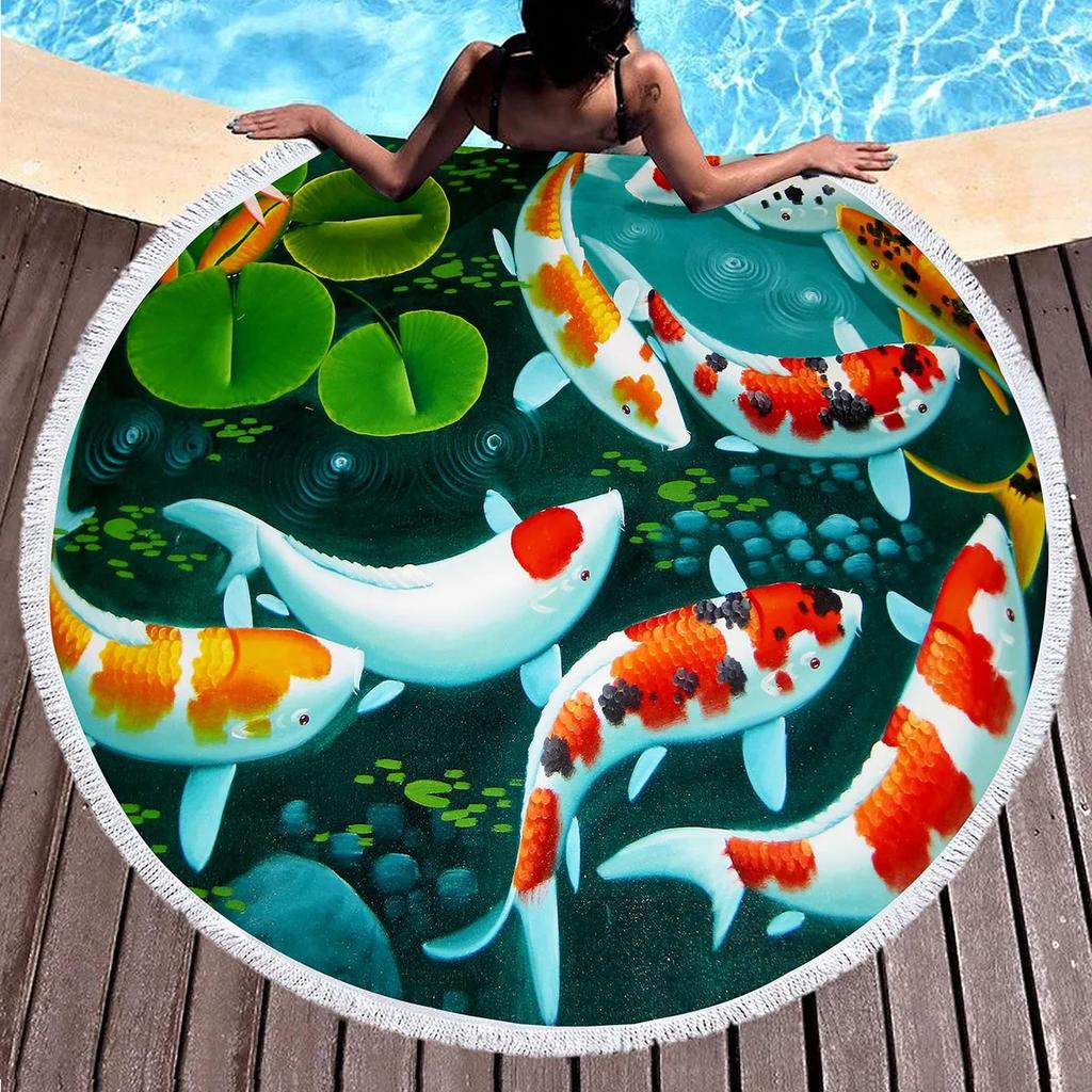 Fish Print Round Beach Towels Soft Microfiber Ocean Animal Print Beach Blanket Quick Dry Pool Towel Picnic Mat For Teens Adults