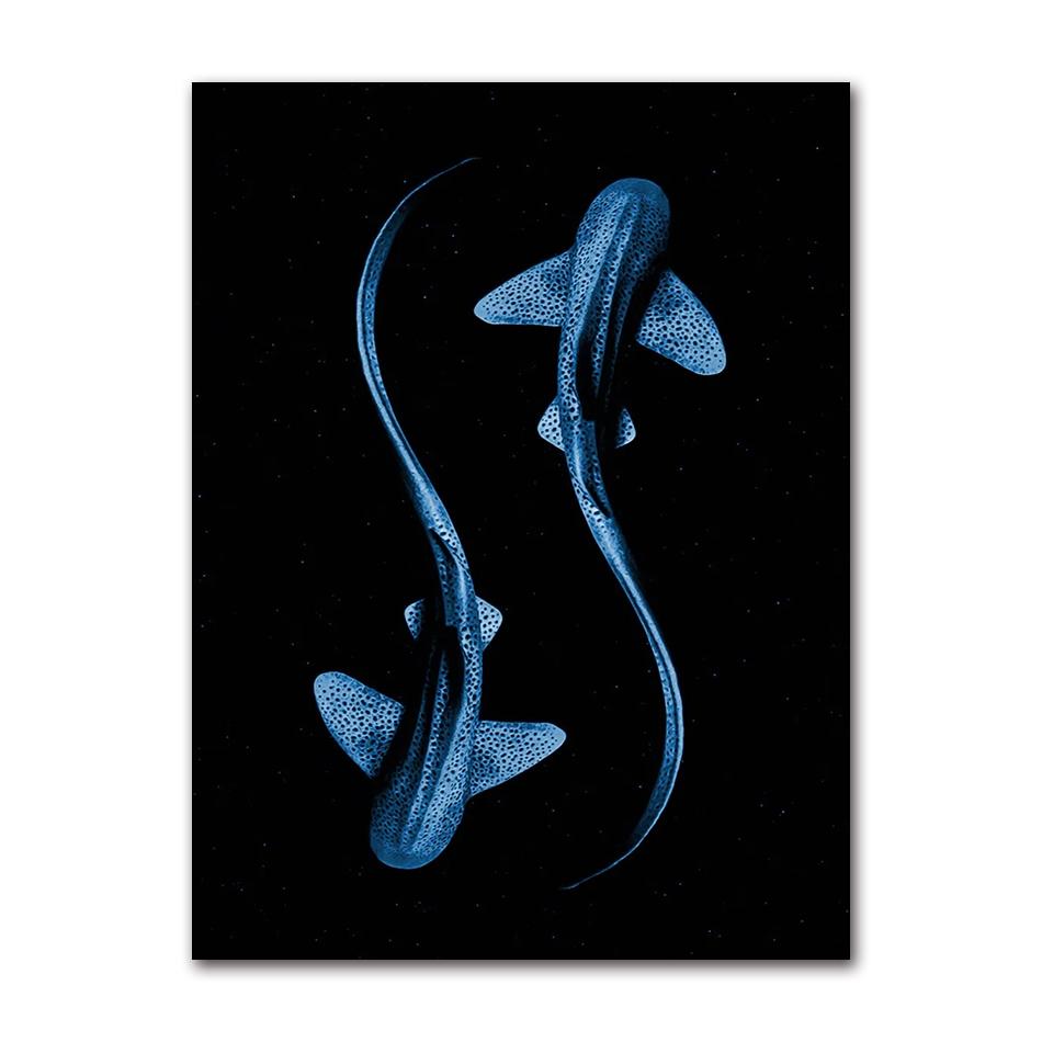 Retro Sea Animal Cyanea Jellyfish Squid Shark Minimalist Art Poster Canvas Painting Wall Prints Picture Living Room Home Decor