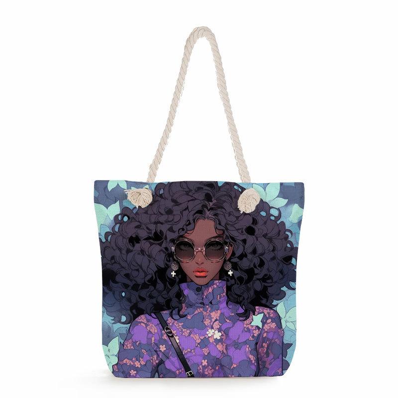 Multifunctional Black girl Printed Thick Rope Shoulder Beach Bag 7581 KTB