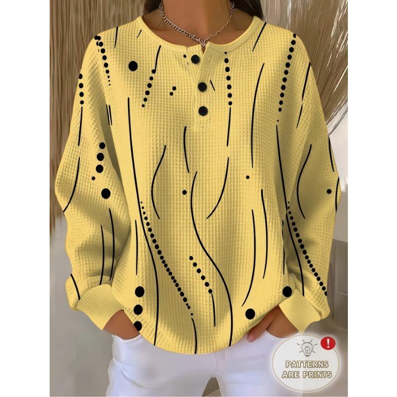 Henley Collar Standard Size Women'S 3-Button Waffle Long Sleeve Casual T-Shirt, White Base Black Curve Polka Dot Line Print