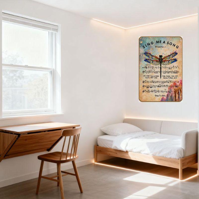 Vintage 'Sing Me A Song' Dragonfly Tin Sign - Musical Art Tin Plaque for Home Bar Man Cave Decor with Splattered Painterly Style