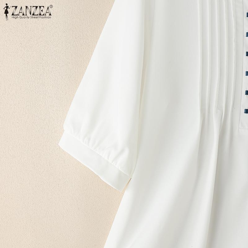 ZANZEA Women Casual Round Neck Loose Half Sleeve Geometric Embroidery Blouse