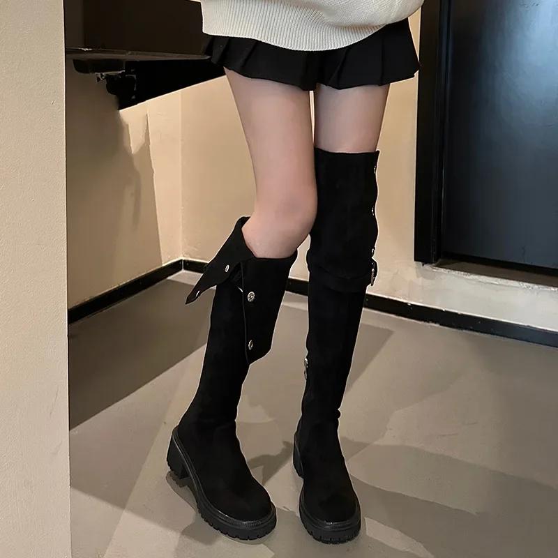 Vintage Women Over The Knee High Boots Fashion Back Zippers Shoes Autumn Winter Thick Heel Women's Long Booties