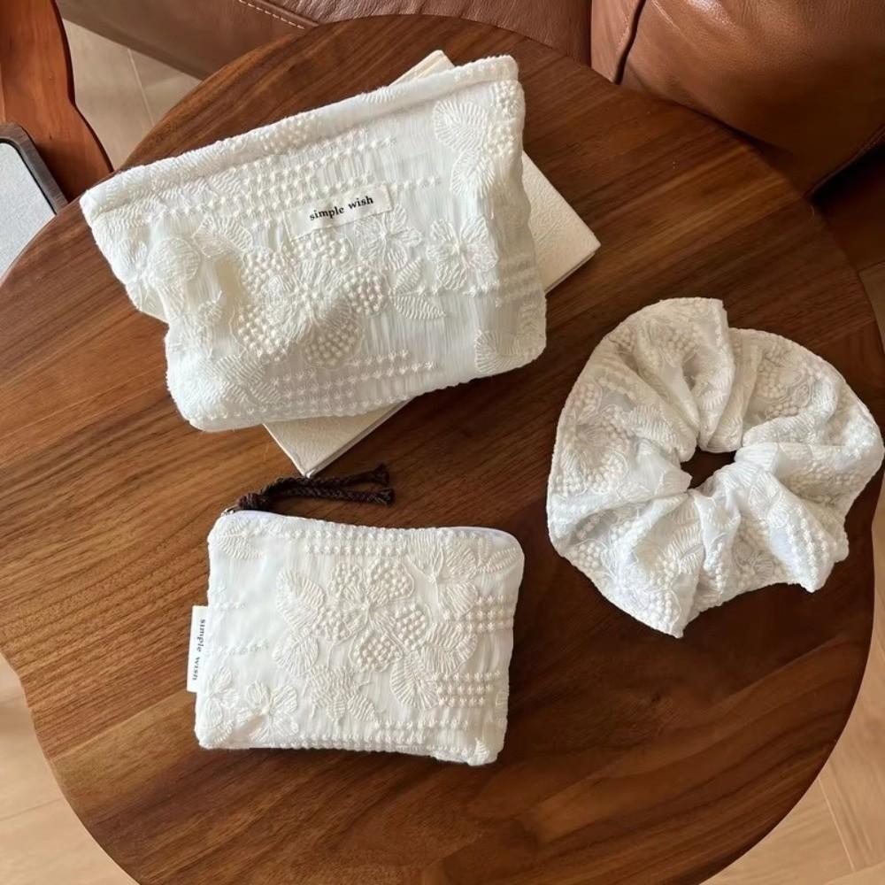 Portable White Lace Makeup Bag Zippered Waterproof Cosmetic Pouch Multi-purpose Lipstick Headphone Storage Travel