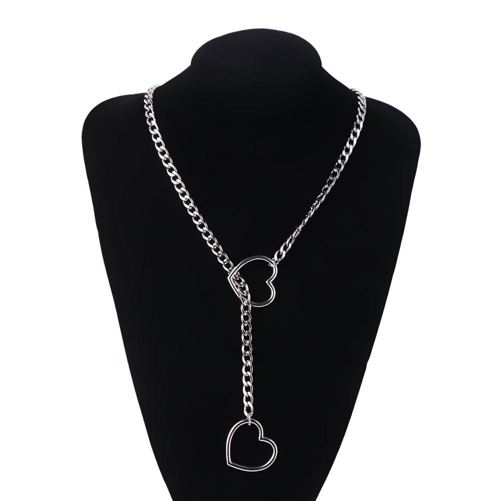 Adjustable Cuban Link Necklace Long Stainless Steel Heart-shaped Necklace Punk Rock Style O-ring Clavicle Chain Party Jewelry