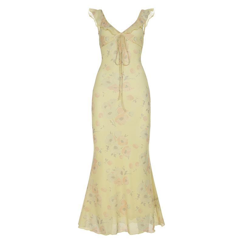 Vestido de Tirantes Floral Dulce sin Mangas Amarillo Claro Brillante con Cordones Volantes Largo Elegante Escote Bajo para Fiesta Vestidos Bodycon para Dama