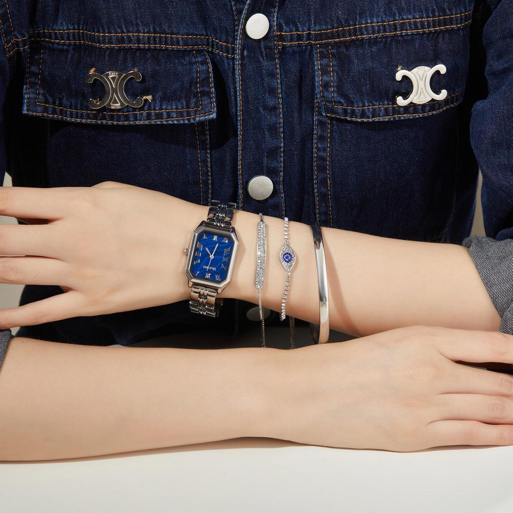 Ceas de argint Cuarț japonez Set cadou Ceas elegant din oțel inoxidabil 3 Brățări Ambalaj cadou [TIME100] Damă (Culoare argintie)