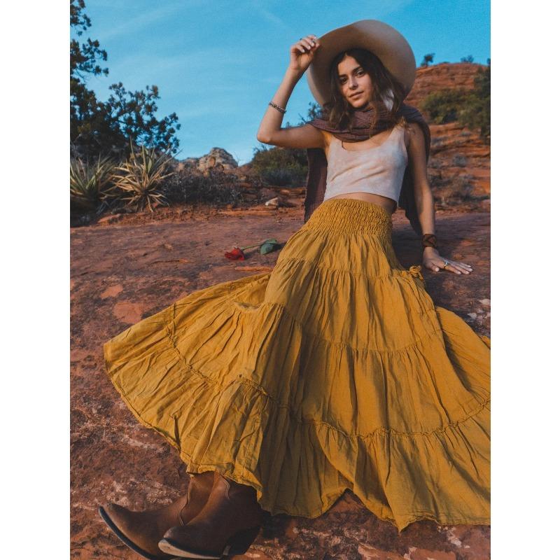 Tiered A Line Skirt Women Forest Fairy Pockets Patchwork Long Dress Elastic Waist Vintage Hippie Gypsy Maxi Skirt