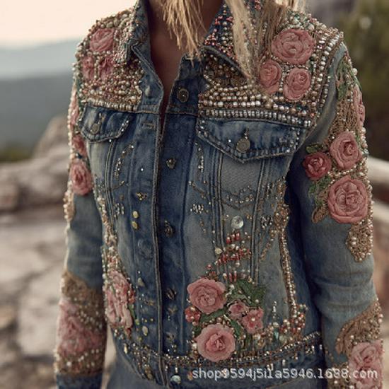 New Trendy 3D Pattern European-American Fashion High Street Denim Jacket with Lapel
