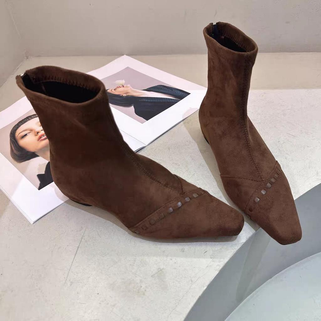 Skinny Boots Square Head French Short Boots Women'S Temperament Suede Martin Boots