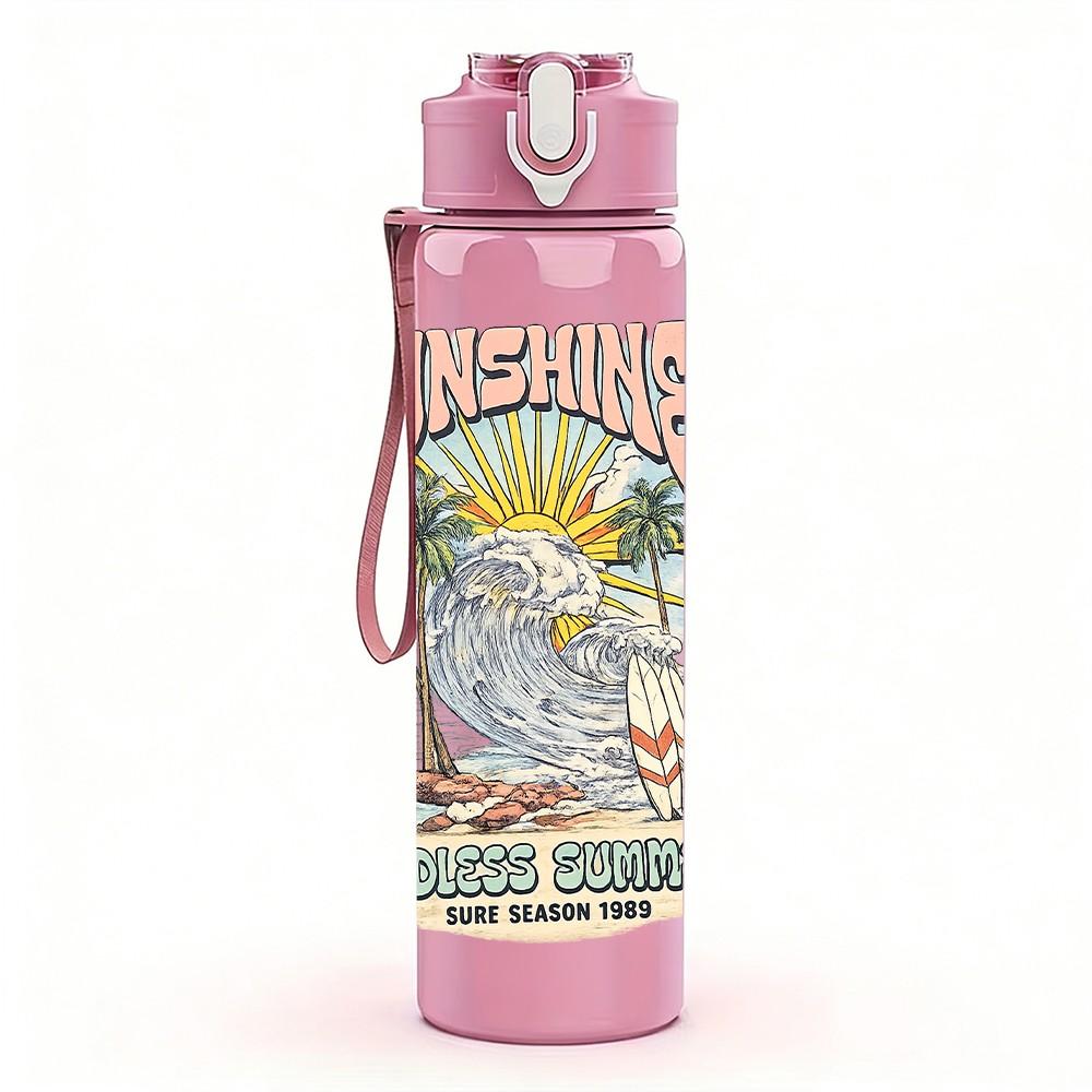 1PC Beach Wave Retro Poster Print 750ml Color Plastic Sports Water Bottle Leakproof Flip Straw Lid Suitable for Sports Office Home Use