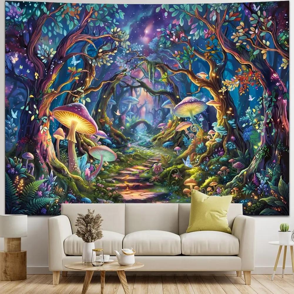 Psychedelic Mushroom Tapestry Nature Wildflower Plant Landscape Wall Hanging Fantasy Tapestry Poster for Dorm Living Room Decor