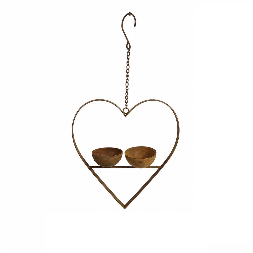 Metal Heart Shaped Outdoor Bird Feeder Hanging Garden Decorative Iron Frame Small Bird Feeding Station with Two Wooden Bowls