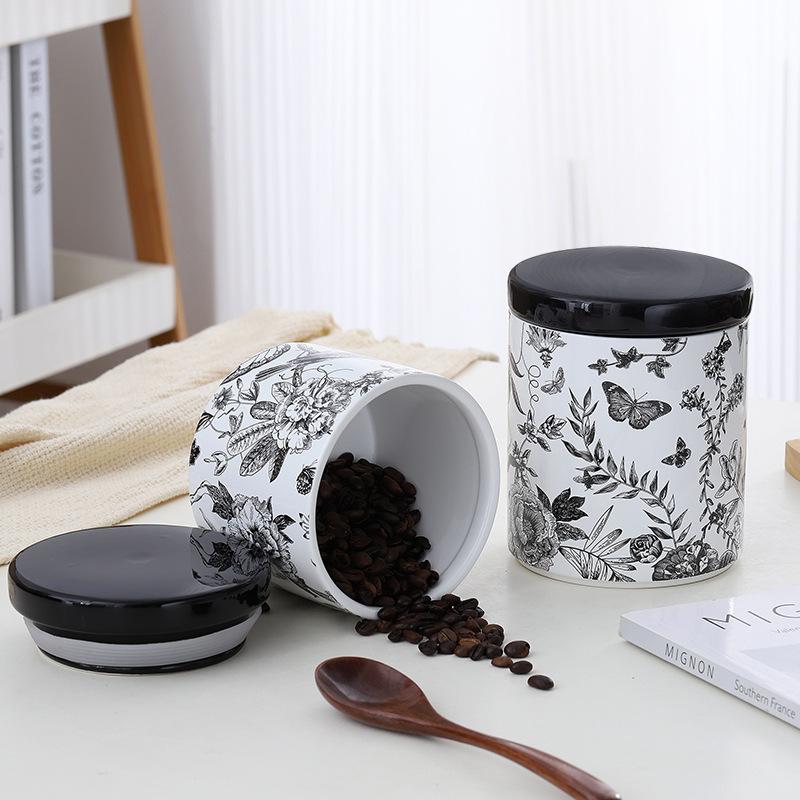 Flower and Bird Patterned Ceramic Storage Jar, Candy Jar, Coffee Bean Sealed Jar, Food Storage Container, Kitchen Storage Box