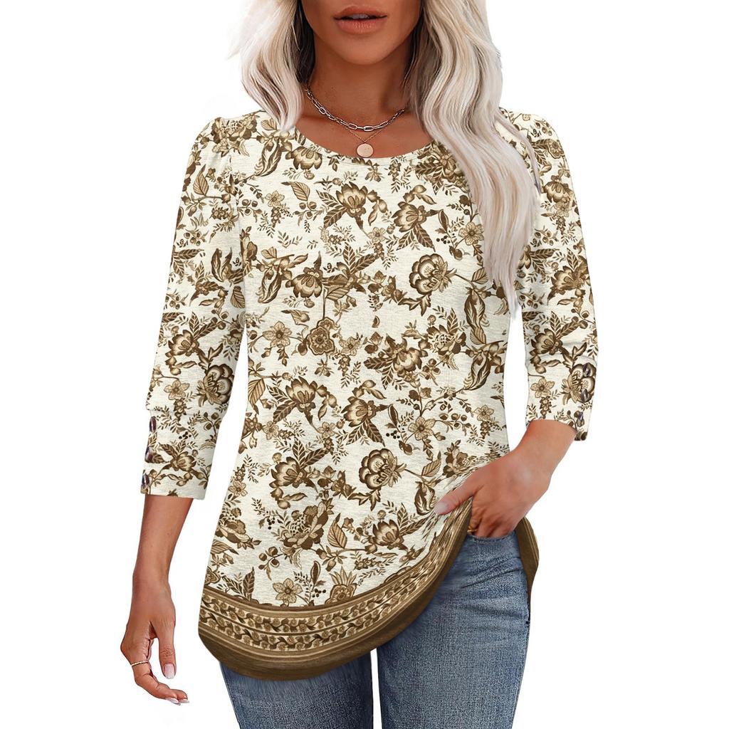 Damen Casual Lockere Passform Dreiviertelarm Oberteil Rundhalsausschnitt Bohème-Print Bluse Leichter Bequemer Stoff Geeignet für den täglichen Gebrauch
