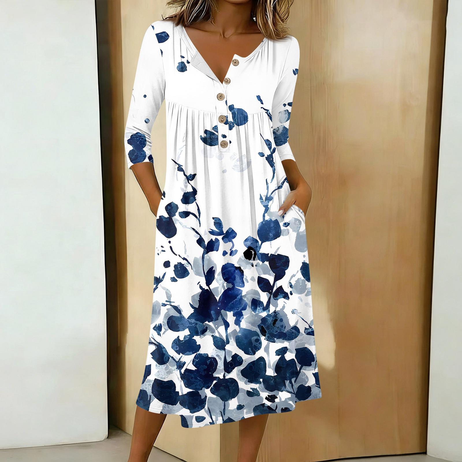 

Women s Fashionable Color Printed Round Neck 3/4 Sleeve Button Collar Mid Length Casual Dress XL небо синє кольору