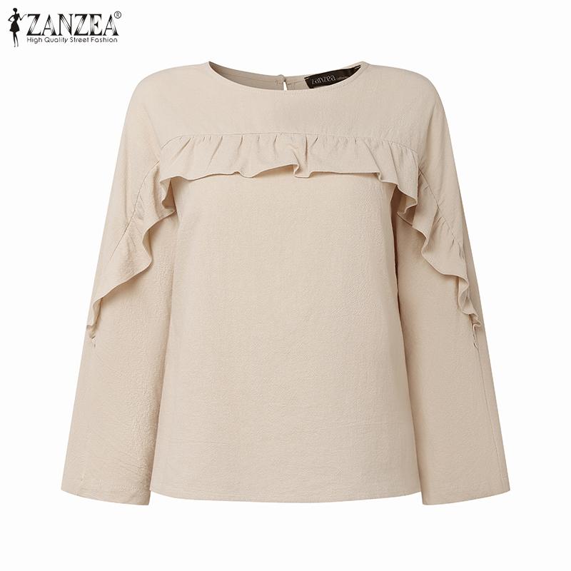 ZANZEA Women Casual Round Neck Solid Color Loose Long Sleeve Blouse