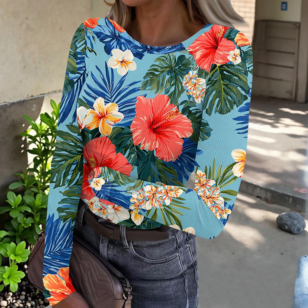 Women's Casual Fashion Round Neck Hawaiian Print Long Sleeve Ribbed Top