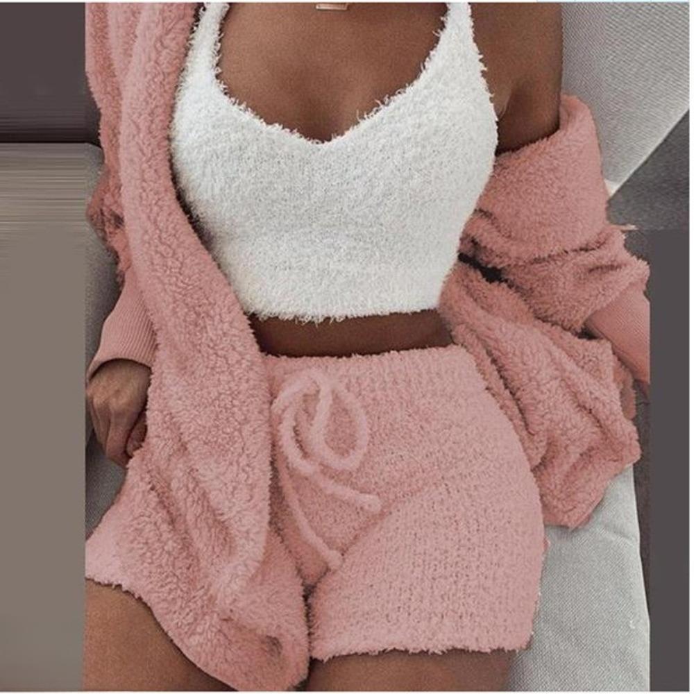 Women's Loose Fit Three Piece Loungewear Long Sleeve Fuzzy Cardigan V Neck Tank Drawstring Waist Shorts Winter Solid Tracksuit