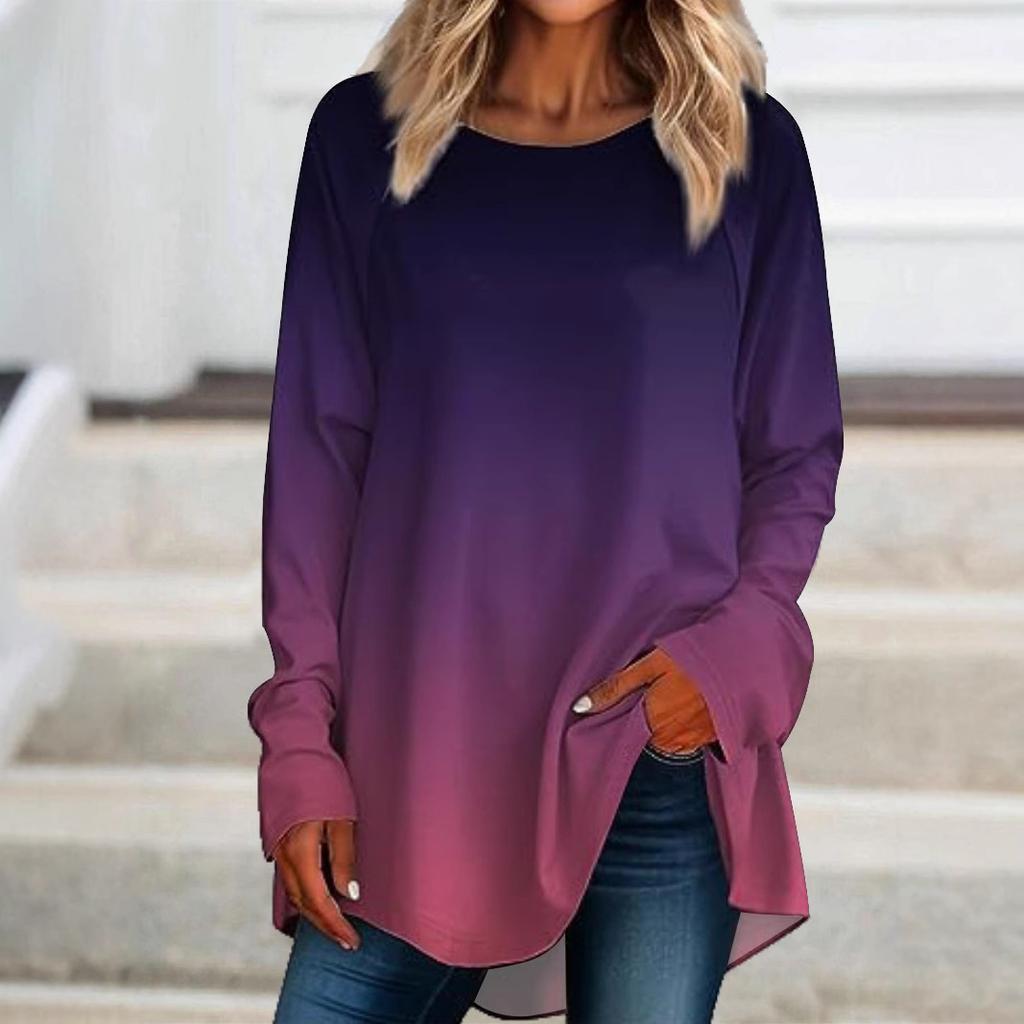 Ladies Spring Autumn Long Sleeve O Neck Loose Gradually Changing Color Pullover T Shirt Top