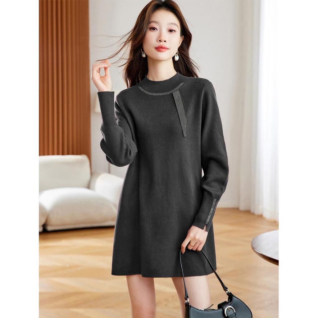 2025 Rhinestone High Neck Knit Midi Dress for Petite Women