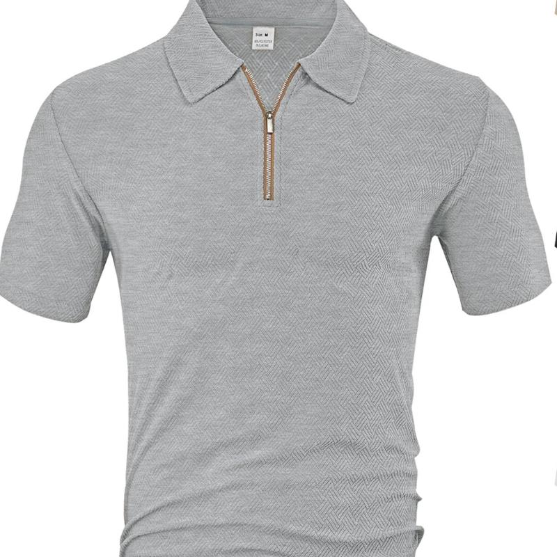 Men Short Sleeve Zip Polo Shirt Casual Jacquard T Shirt
