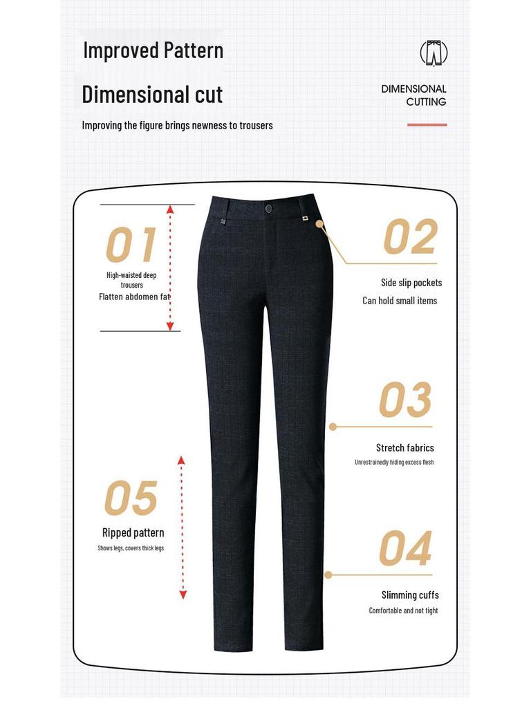 High-Waisted Wool Plaid Slimming Pants for Autumn/Winter 2024 - Straight-Leg, Slim-Fit, Casual Wear for Middle-Aged Women.