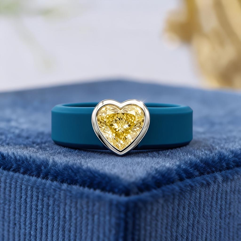 14K Golden Plated Blue Silicone Ring with Heart-cut Yellow CZ ,Hypoallergenic Comfort Band, Ideal Wedding & Valentine's Gift